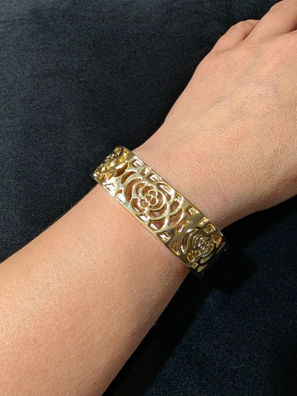 Gold Tone Floral Cutout Cuff Bangle Bracelet